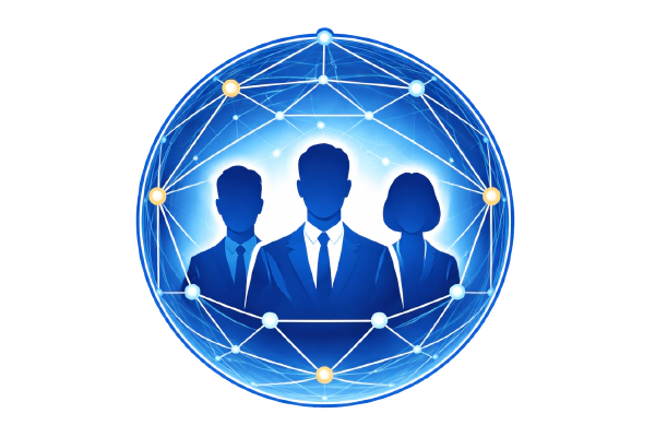 Image of three silhouettes in a the center of an AI orb with network graph around the edges.