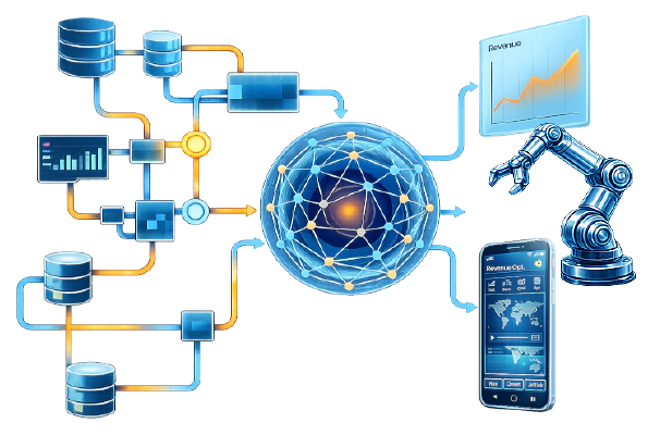 Image of datasources on the left connecting via pipelines to a central AI orb in center which is connecting to charts, mobile app and robitic arm on the right as outputs.