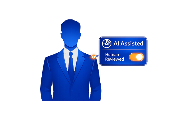 Image of a user wtih a connection to a form wtih AI Usage Human Reviewed slider button on.