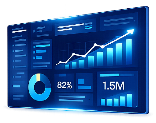 Image of a holographic analytic dashboard with graphs and charts.