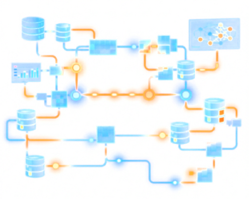 Image of databases connecting other databases and data connecting using pipelines to create a process to output.