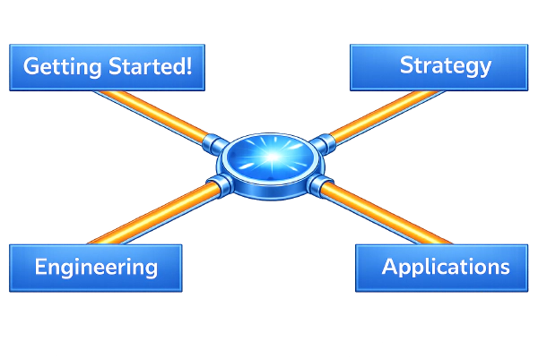 Data and pipelines flowing towards text blocks of the service offerings of Getting Started, Strategy, Engineering and Applications.