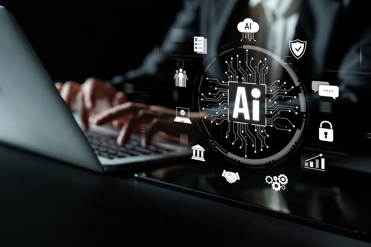 Analyst presenting AI-powered data applications on large screen